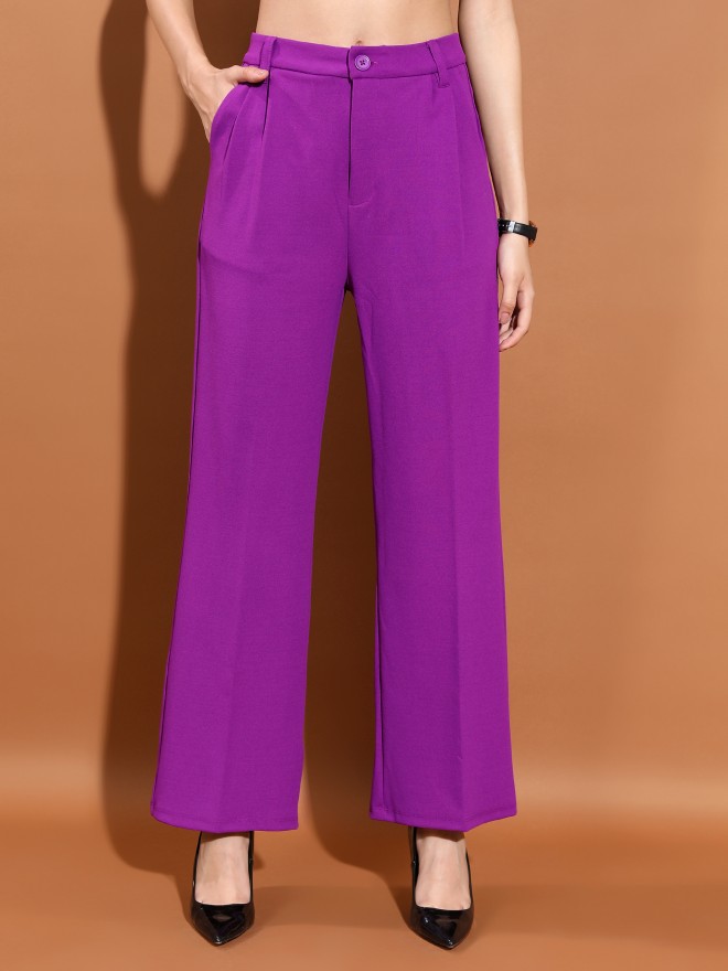 Tokyo Talkies Women Purple Solid Straight Fit Casual Trousers 