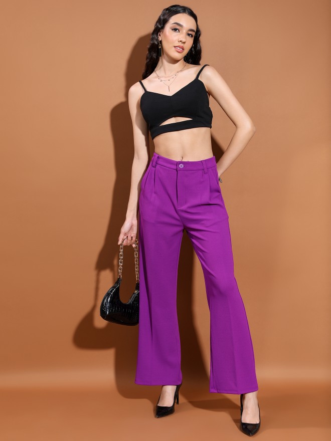 Tokyo Talkies Women Purple Solid Straight Fit Casual Trousers 