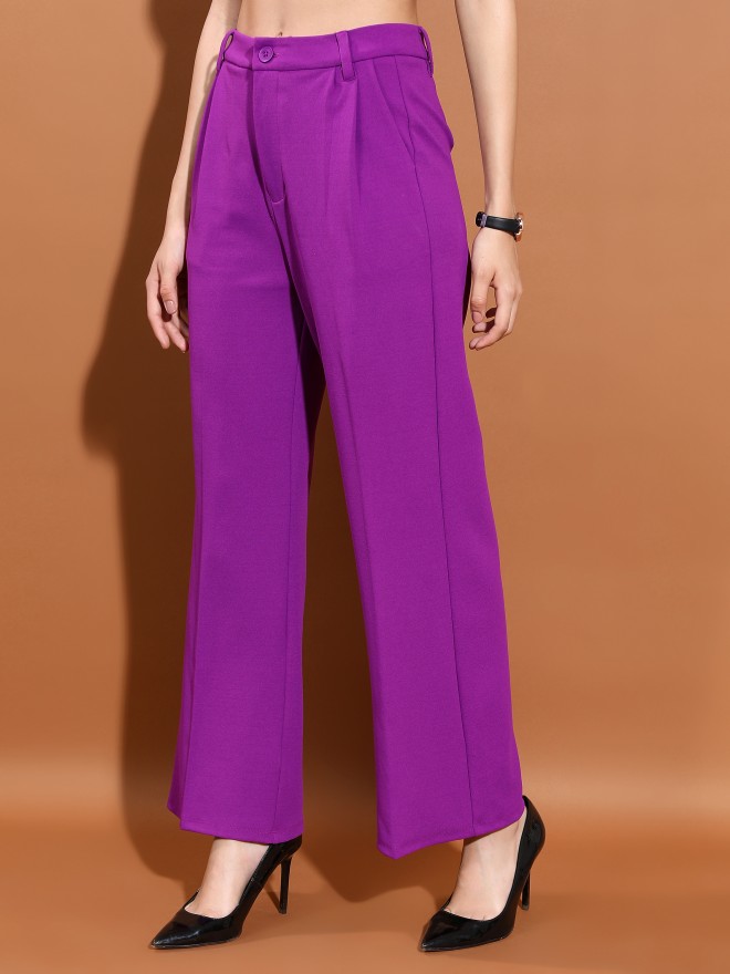 Tokyo Talkies Women Purple Solid Straight Fit Casual Trousers 