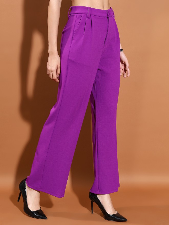 Tokyo Talkies Women Purple Solid Straight Fit Casual Trousers 