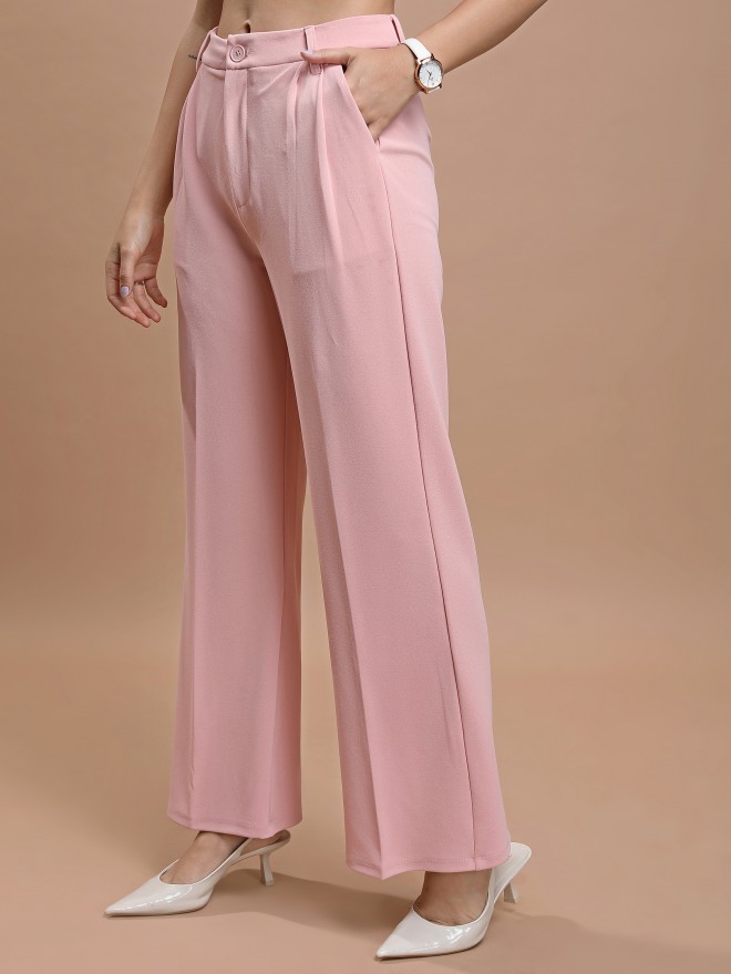 Tokyo Talkies Women Pink Solid Straight Fit Casual Trousers 