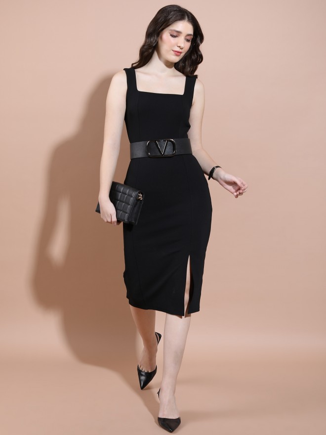 Black Long Sleeve Ruched Midi Bodycon Dress – AX Paris