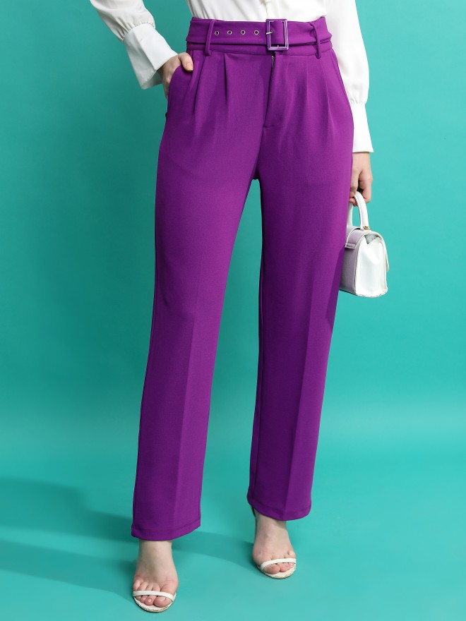 Tokyo Talkies Women Purple Solid Regular Fit Casual Trousers 