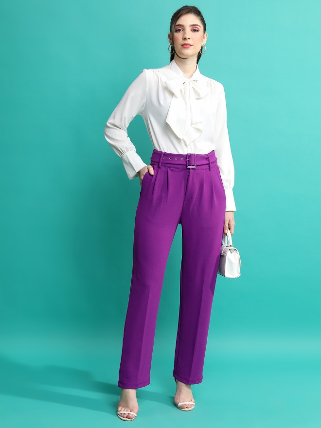 Tokyo Talkies Women Purple Solid Regular Fit Casual Trousers 