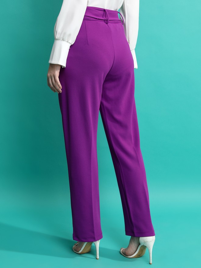 Tokyo Talkies Women Purple Solid Regular Fit Casual Trousers 