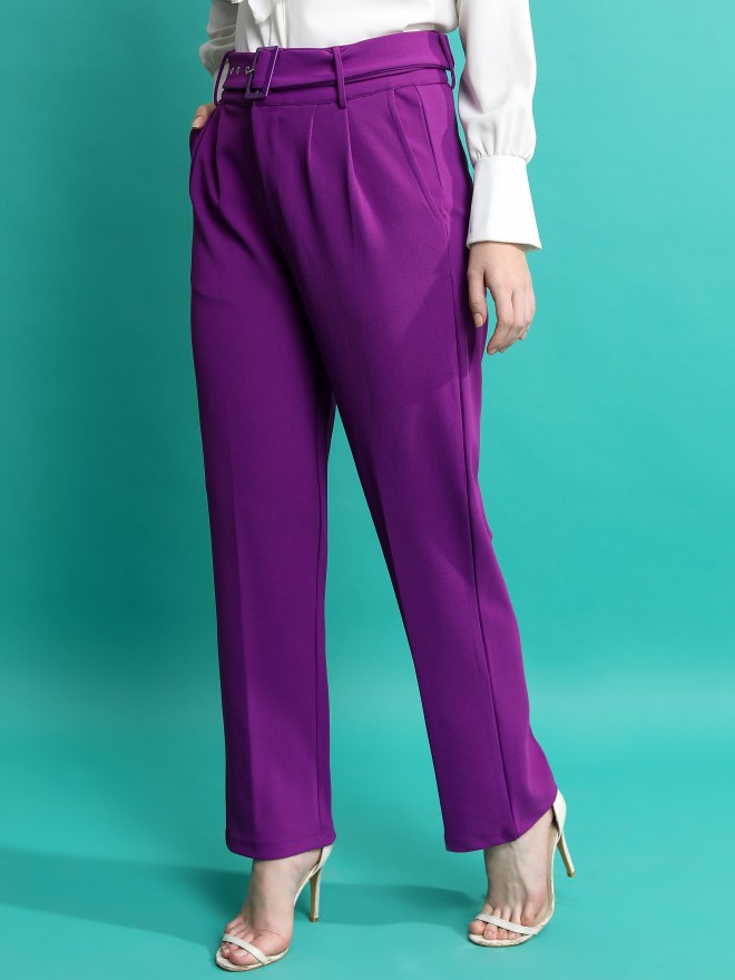 Tokyo Talkies Women Purple Solid Regular Fit Casual Trousers 