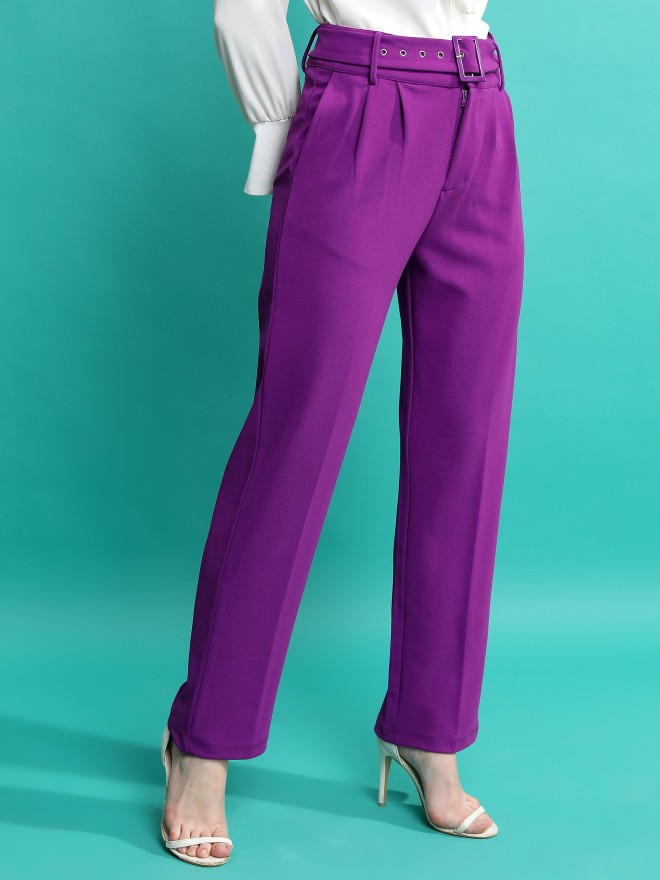 Tokyo Talkies Women Purple Solid Regular Fit Casual Trousers 