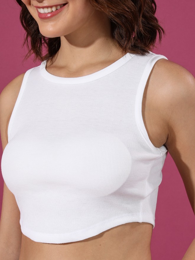 Buy Ketch White Solid Ribbed Sleeveless Tank Crop top for Women Online at  Rs.132 - Ketch