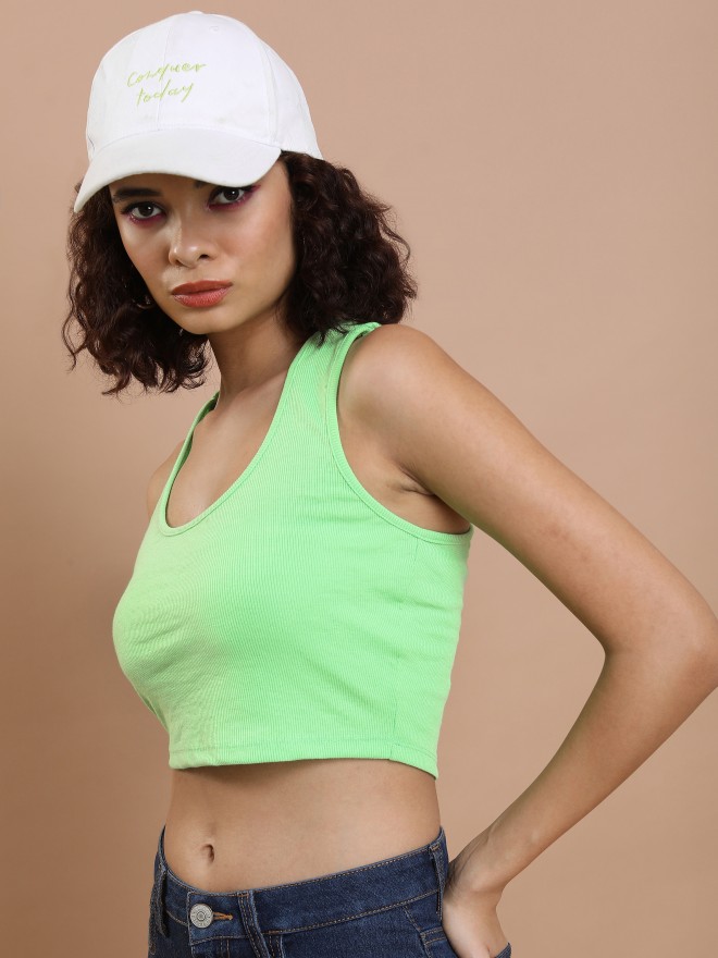 Tokyo Talkies Women Green Solid Tank Tops 