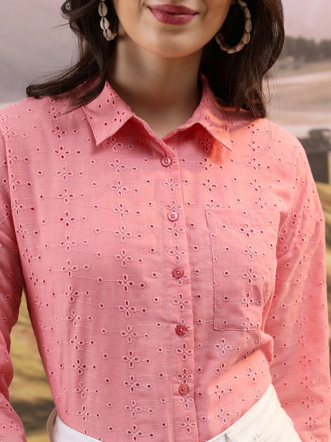 Tokyo Talkies Women Pink Self Design Casual Shirts 