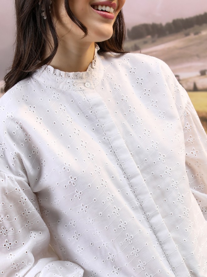 Tokyo Talkies Women White Self Design Blouson Tops 