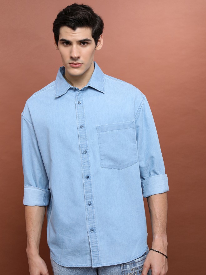 Highlander Men Blue Solid Oversized Fit Casual Shirts 