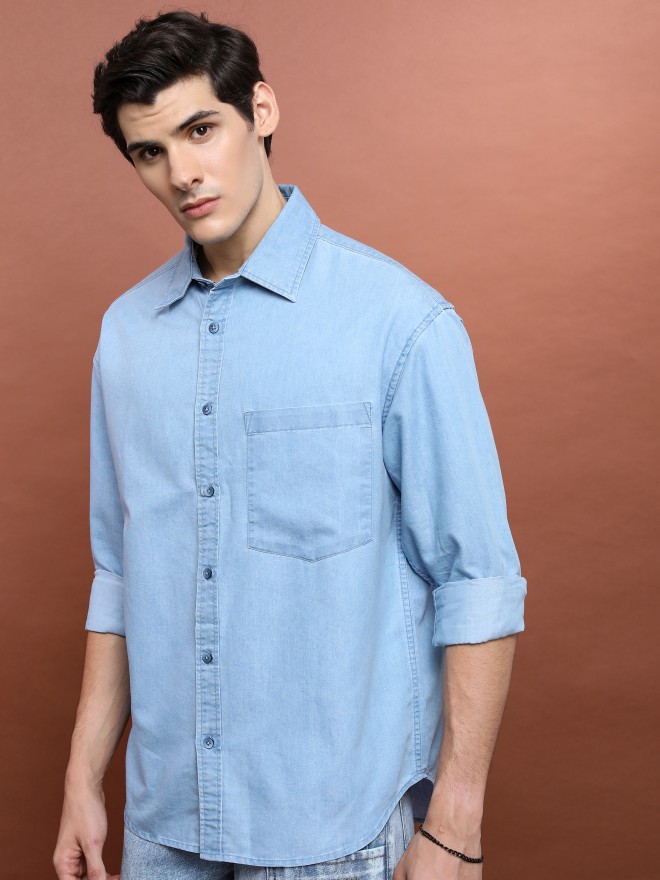 Highlander Men Blue Solid Oversized Fit Casual Shirts 