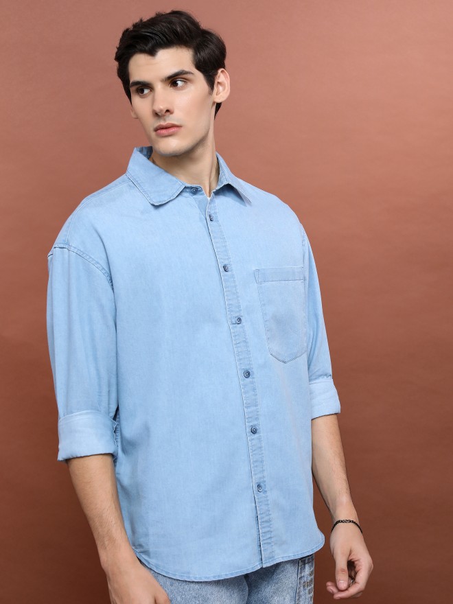 Highlander Men Blue Solid Oversized Fit Casual Shirts 