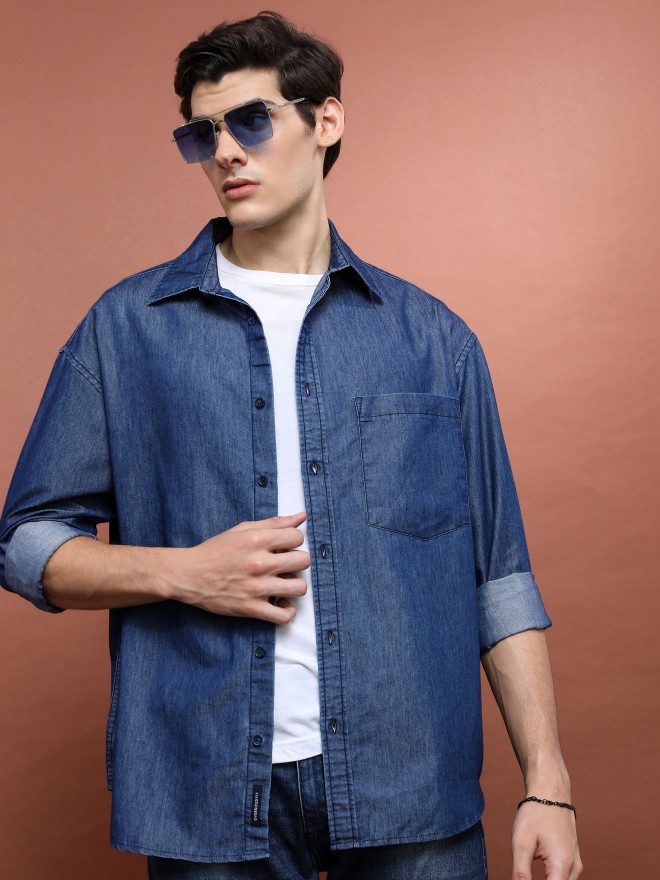 Highlander Men Blue Solid Oversized Fit Casual Shirts 