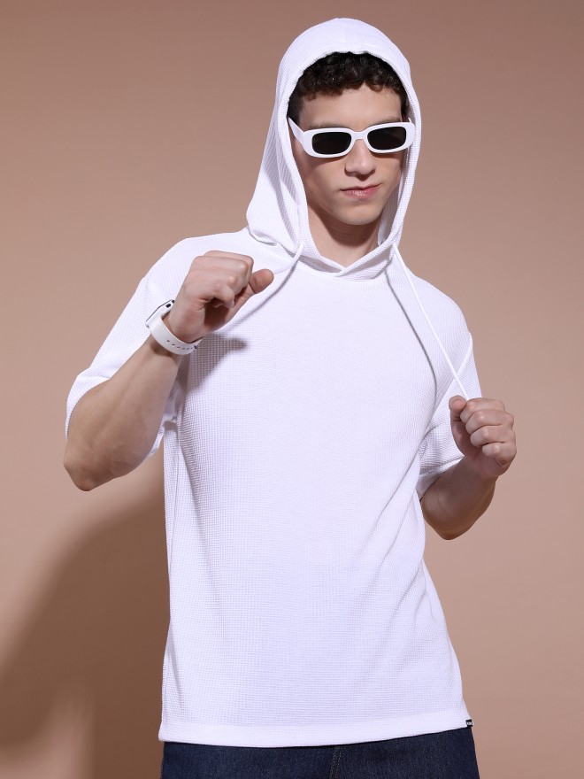 Highlander Men White Solid Hooded Oversized Fit T-Shirt