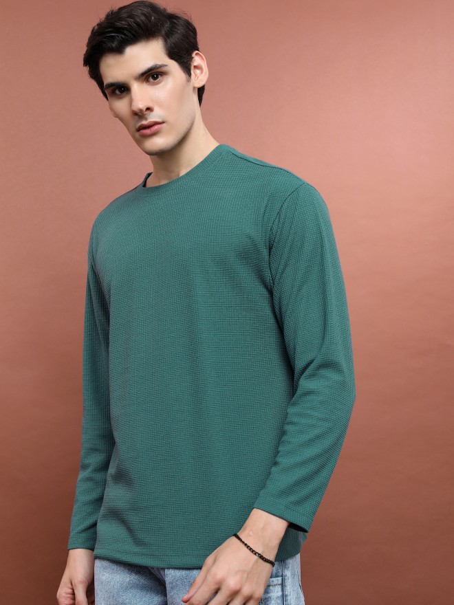 Highlander Men Teal Solid Round Neck T-Shirts 