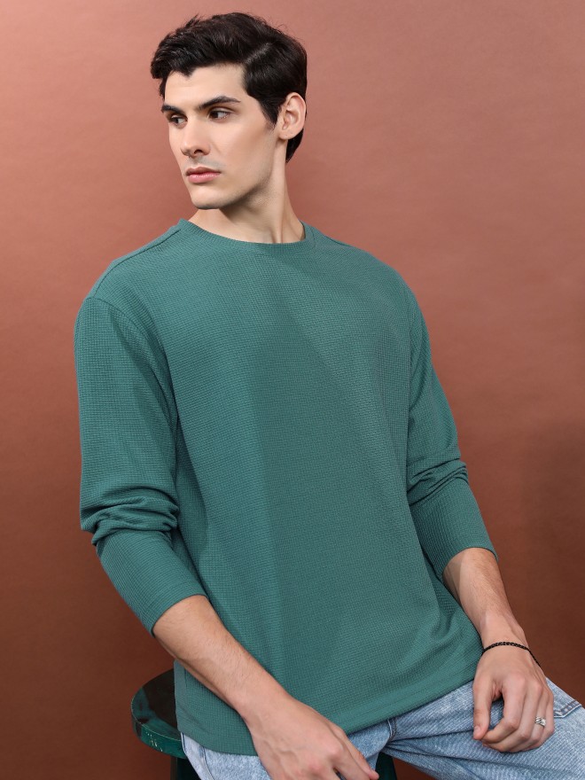 Highlander Men Teal Solid Round Neck T-Shirts 