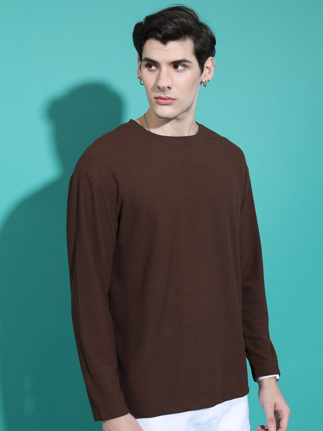 Highlander Men Brown Solid Round Neck T-Shirts 