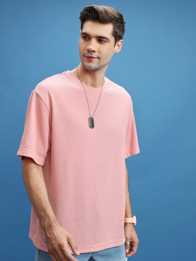 Highlander Men Peach Solid Oversized Fit T-Shirt