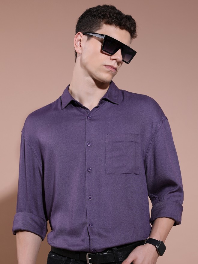 Highlander Men Purple Solid Oversized Fit Casual Shirts 