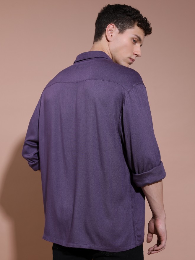 Highlander Men Purple Solid Oversized Fit Casual Shirts 