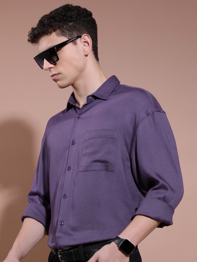 Highlander Men Purple Solid Oversized Fit Casual Shirts 