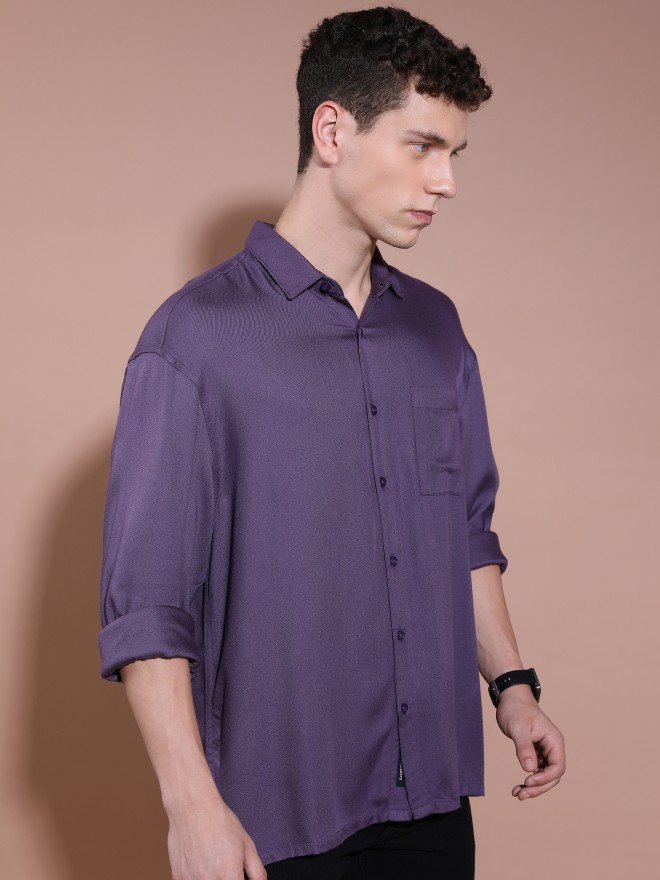 Highlander Men Purple Solid Oversized Fit Casual Shirts 