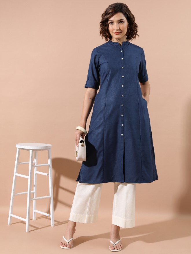 Ketch Women Blue Solid A-Line Kurtas 