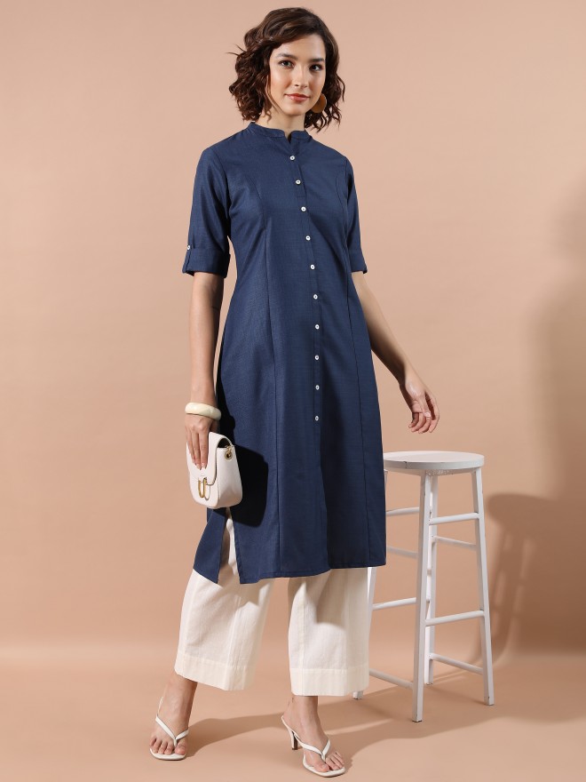 Ketch Women Blue Solid A-Line Kurtas 