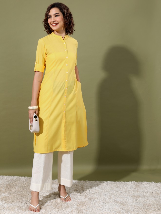 Ketch Women Yellow Solid A-Line Kurtas 