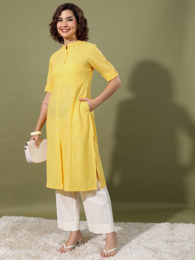 Ketch Women Yellow Solid A-Line Kurtas 