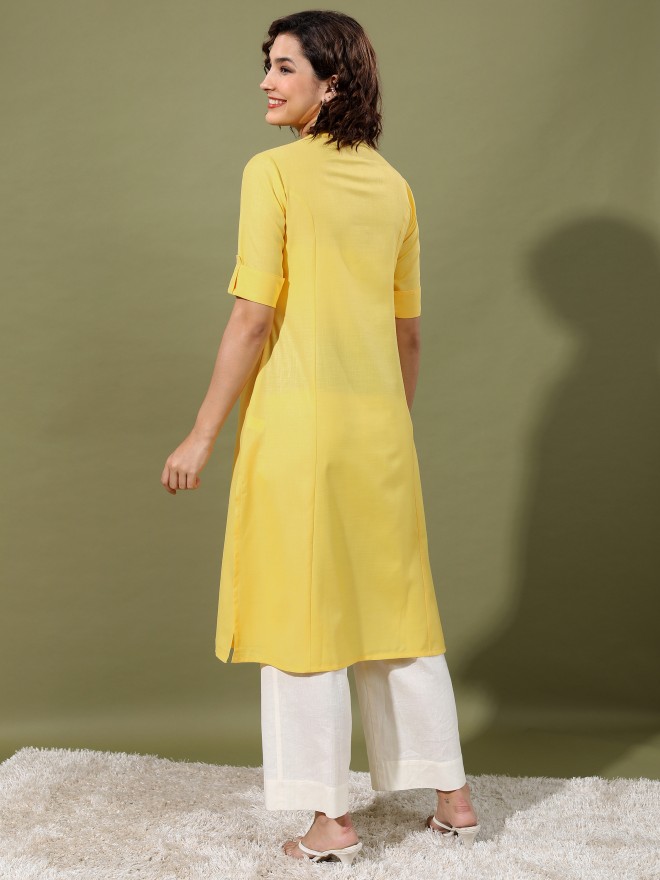 Ketch Women Yellow Solid A-Line Kurtas 