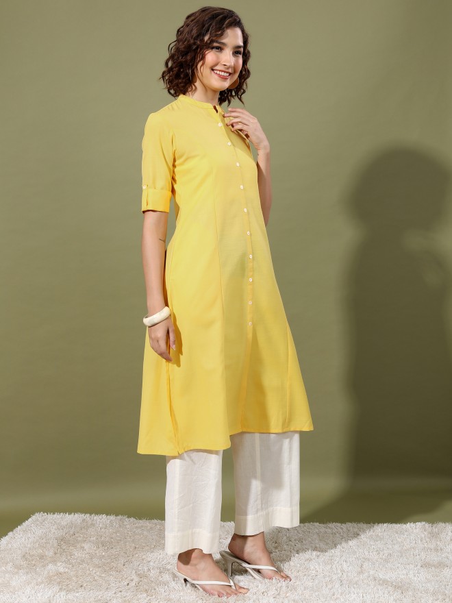 Ketch Women Yellow Solid A-Line Kurtas 