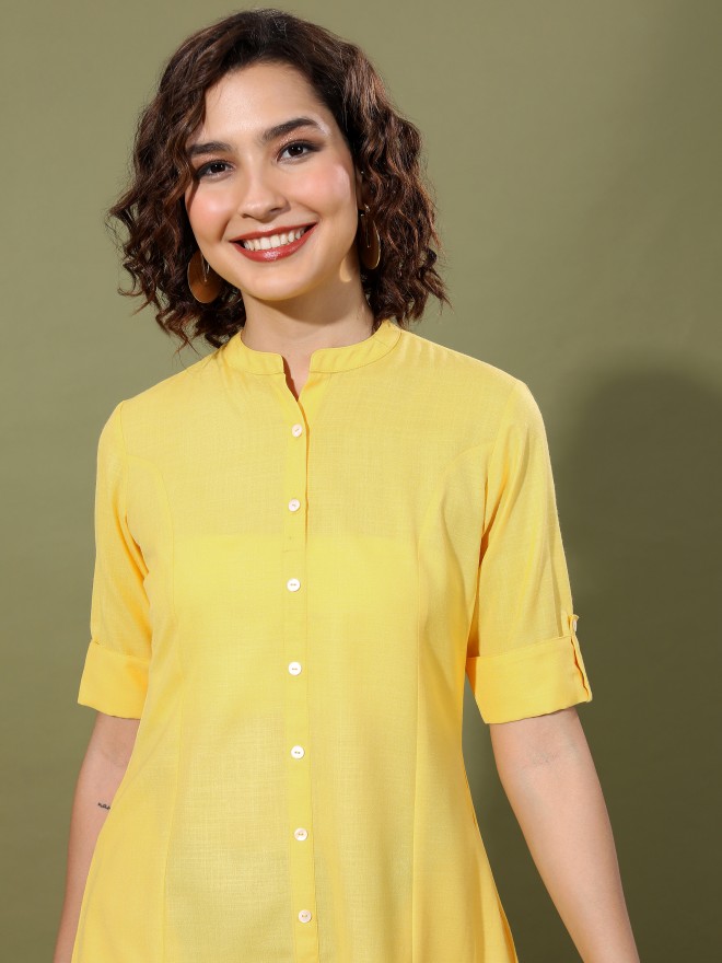 Ketch Women Yellow Solid A-Line Kurtas 