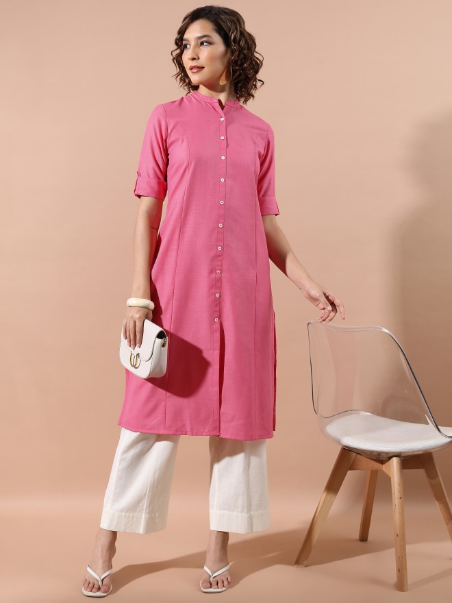 Ketch Women Pink Solid A-Line Kurtas 