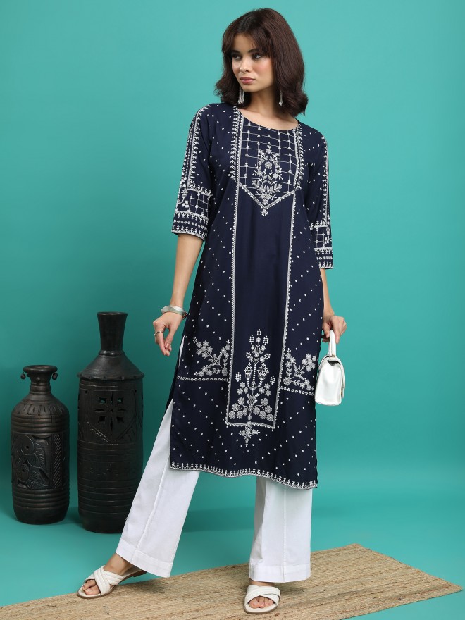 Vishudh Women Navy Blue Printed Straight Kurtas 