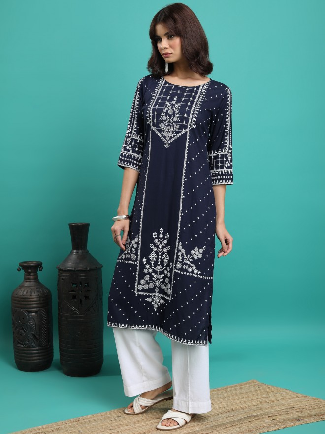 Vishudh Women Navy Blue Printed Straight Kurtas 