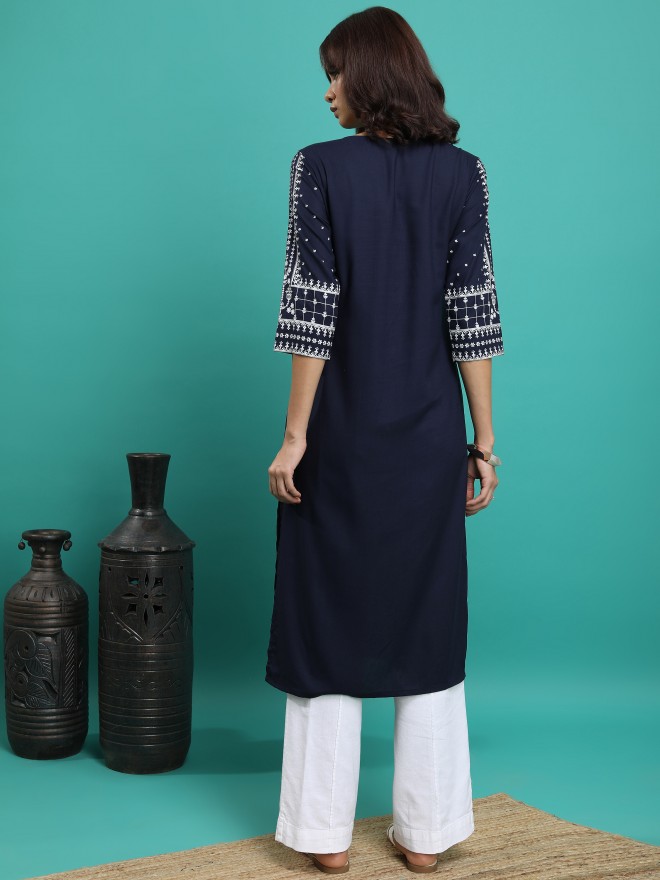 Vishudh Women Navy Blue Printed Straight Kurtas 