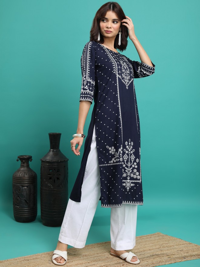 Vishudh Women Navy Blue Printed Straight Kurtas 