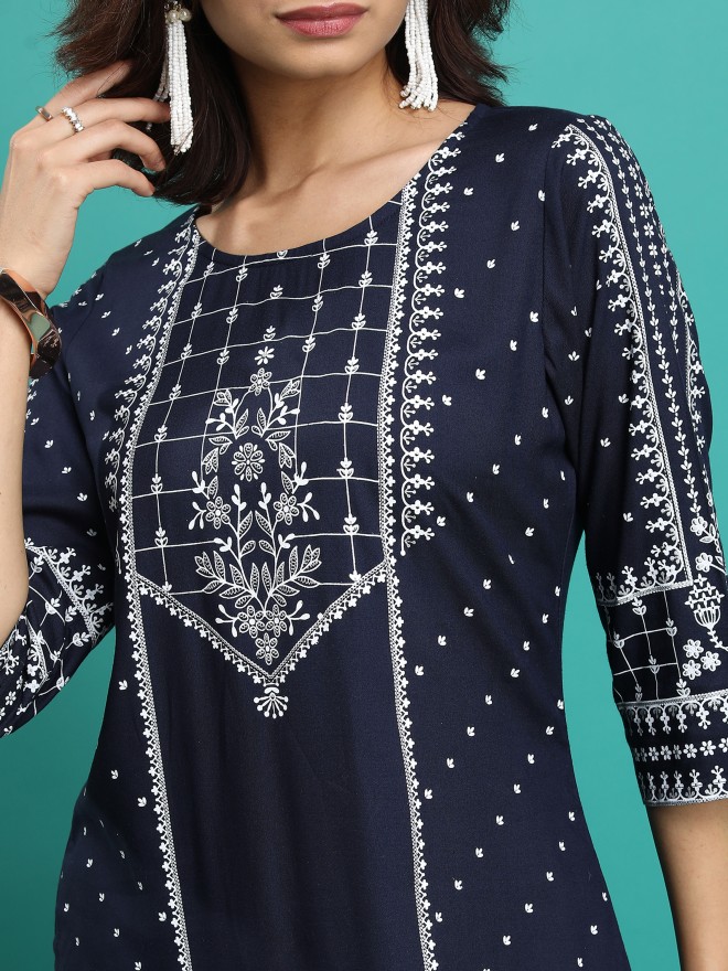 Vishudh Women Navy Blue Printed Straight Kurtas 