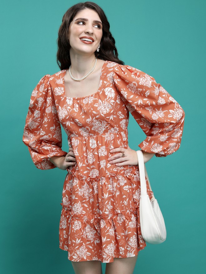 Buy Tokyo Talkies Rust Printed Fit And Flare Dress For Women Online At