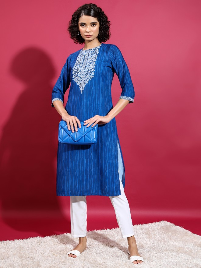 Vishudh Women Blue Printed Straight Kurtas 