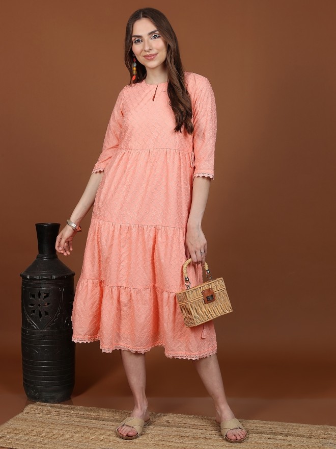 Ketch Women Peach Self Design A-Line Dresses 