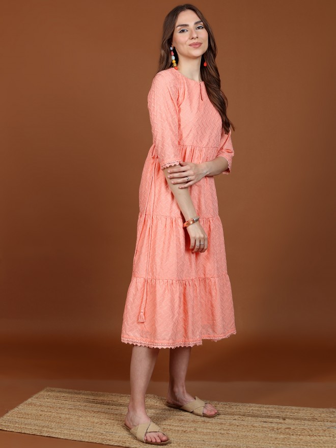 Ketch Women Peach Self Design A-Line Dresses 