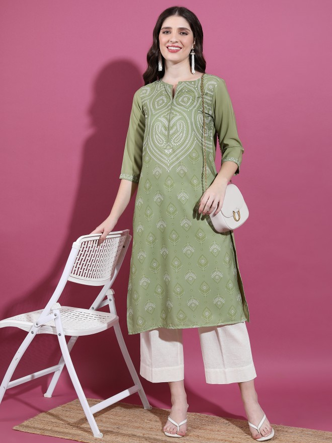 Buy Vishudh Green Sheen Printed Straight Kurta For Women Online At Rs