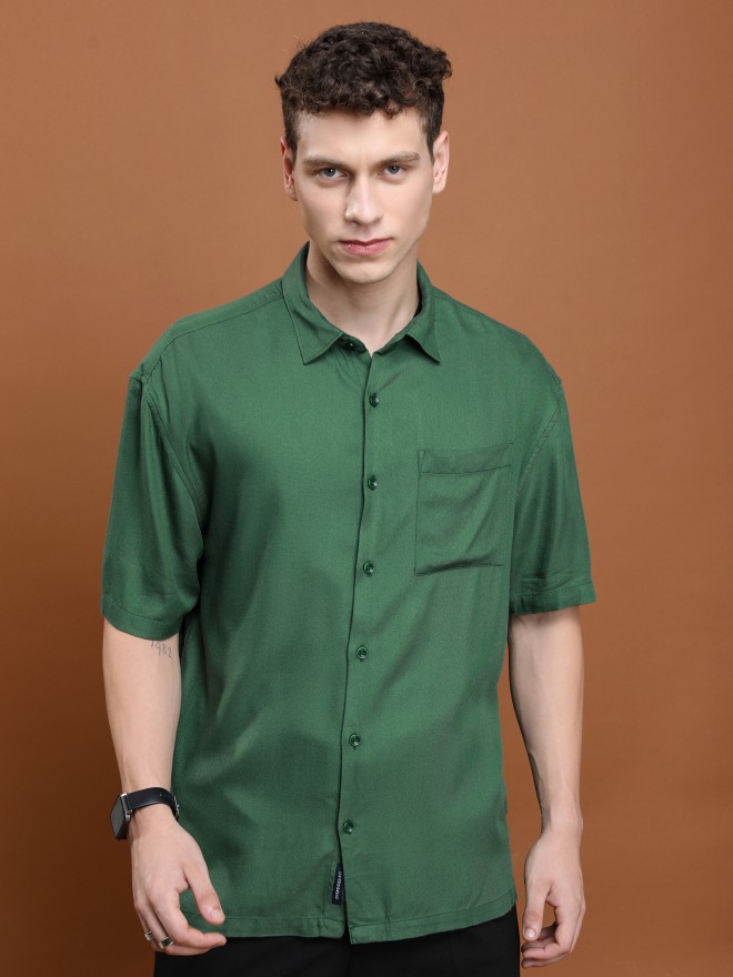 Buy Highlander Dark Green Solid Slim Fit Casual Shirt for Men