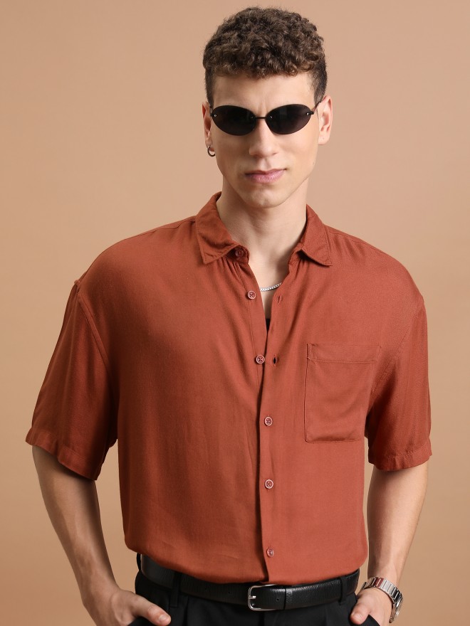 Highlander Men Terracotta Solid Oversized Fit Casual Shirts 