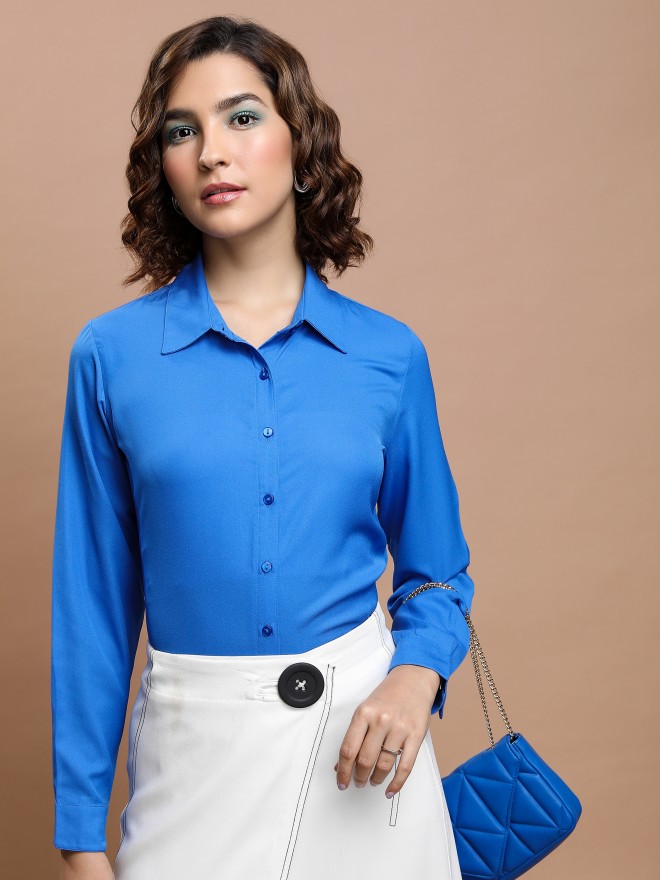 Tokyo Talkies Women Blue Solid Casual Shirts 