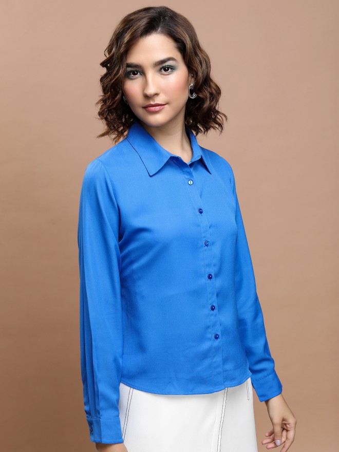 Tokyo Talkies Women Blue Solid Casual Shirts 